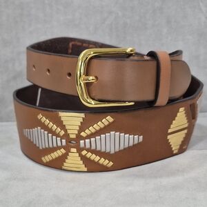 Cuirum belt women's M brown leather metallic southwestern pattern gold buckle
